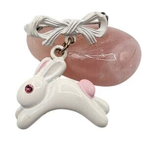 Vintage Enamel Easter Bunny Pin White with Pink Crystal Eye Dangling from Bow